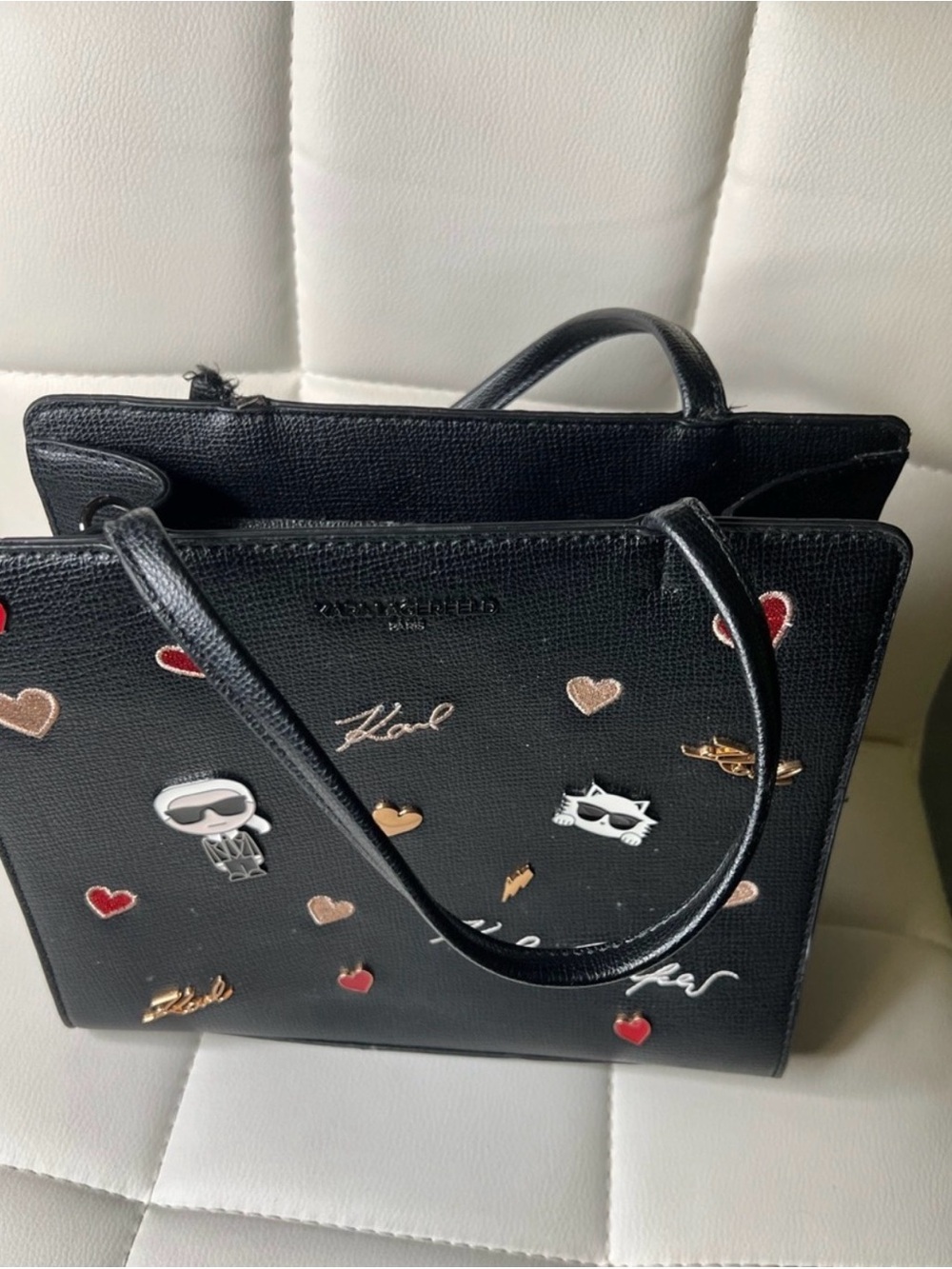 Black Embellished Tote Bag with Heart and Character Accents